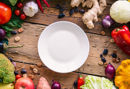 Flat lay, vegetables on a wooden background and an empty white plate.の写真素材