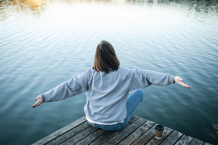 A young woman with a cup of coffee on the background of the river.の写真素材