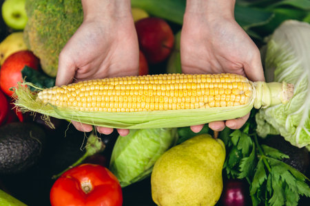 Close-up, corn in female hands and other vegetables on the kitchen table.の写真素材