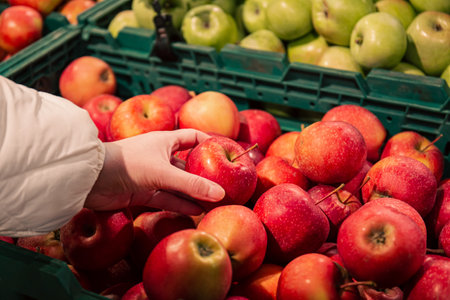 A woman chooses apples in a supermarket, close-up, organic and natural fruits.の写真素材