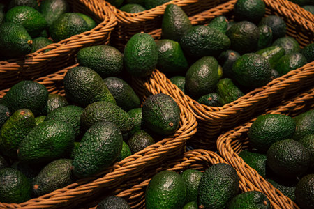 Baskets with avocado in a supermarket, close up.の写真素材