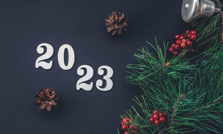 Christmas background with numbers 2023 and decor details, flat lay.の写真素材
