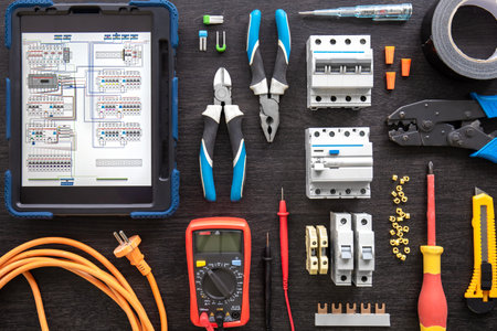 Different electrical tools on wooden background, flat lay.の写真素材