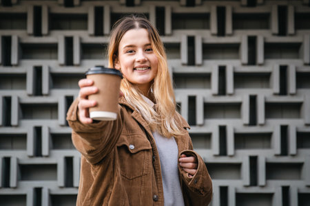 Young woman with a cup of coffee on the background of a geometric concrete wall.の写真素材