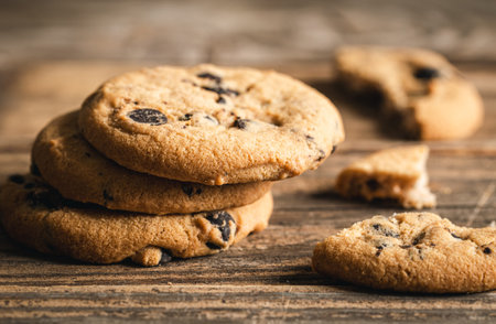 Chocolate chip cookies close up on a wooden background.