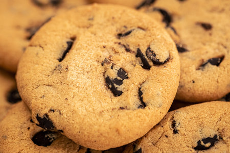 Cookies with chocolate chips close-up, food background.