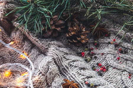 Christmas background with cones and spices on a knitted element.の写真素材