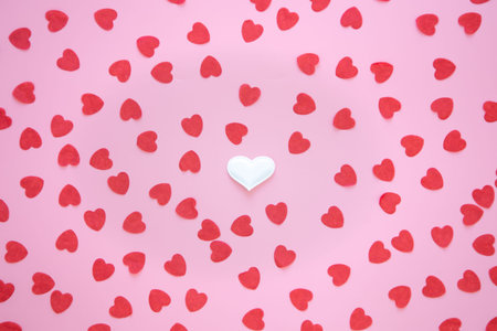 Valentines Day background with many small hearts, flat lay.