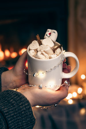 A cup of cocoa with marshmallows in female hands by the fireplace.の写真素材