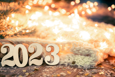 Christmas background with numbers 2023 and decor details.の写真素材