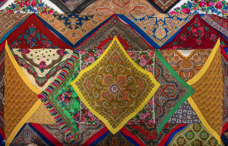 Ukrainian traditional ethnic shawls of different colors and patterns.