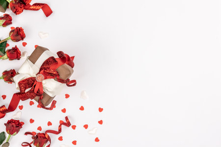Flat lay, white background with gift box and valentines day decor details.の写真素材