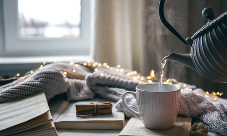 Cozy composition with a teapot, a cup and a book on a blurred background.の写真素材