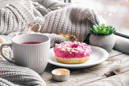 Cozy composition with a donut, a cup of tea and a knitted element.の写真素材