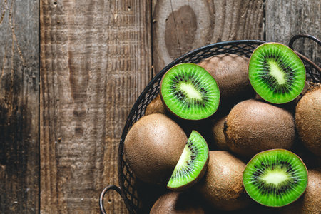 Kiwi fruits in a basket on a wooden background, top view, rustic style, copy space.の写真素材