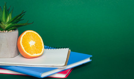 Notebooks and orange on green background, school snack concept, copy space.の写真素材