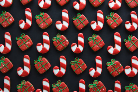 Christmas handmade gingerbread cookies covered with colorful icing, flat lay.の写真素材