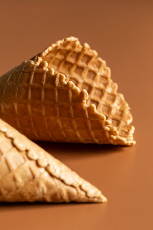 Waffle cones on brown background, texture ice cream cones, creative macro concept.の写真素材