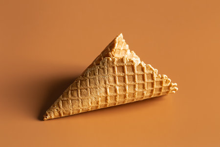 Textured waffle cone on a brown background isolated, for dessert and ice cream. Creative macro concept of sweets and food.の写真素材