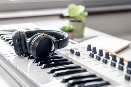 Close up, headphones on midi keyboard, music concept, copy space.の写真素材