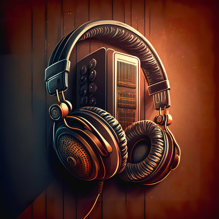 Vintage headphones on the wall in brown tones, retro style.の写真素材