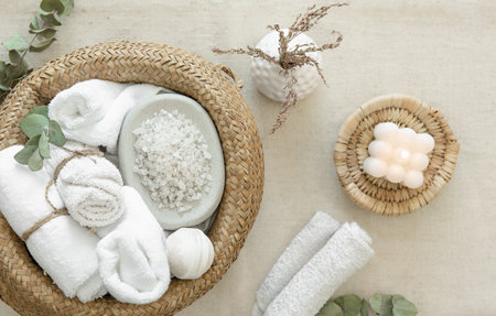 Spa composition with personal hygiene items, body care concept, eco products for bath, top view.の写真素材