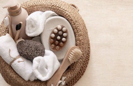 Spa composition with personal hygiene items, body care concept, eco products for bath, top view.の写真素材