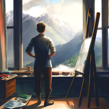 The artist stands at the window and looks at the mountains, generative Al.の写真素材