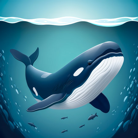 The blue whale swims in the ocean, generative Al.の写真素材