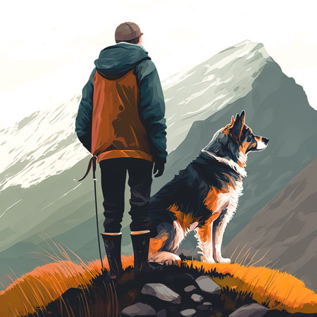Man and dog on the background of the mountain, generative Al.の写真素材