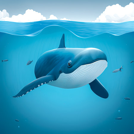 The blue whale swims in the ocean, generative Al.の写真素材