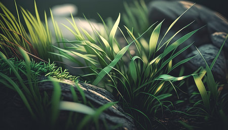 Close up, textural green grass in the forest, generative Al.の写真素材