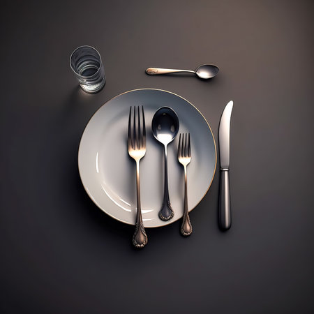 Empty plate and cutlery on black background, generative AI.の写真素材