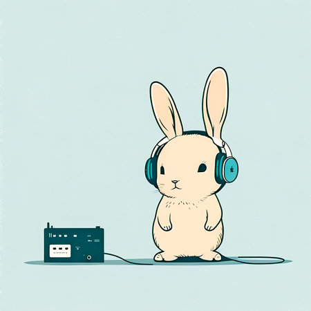 A hare in headphones listens to music, generative AI.の写真素材