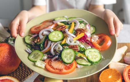 The child holds a plate with fresh vegetable salad, close-up.の写真素材