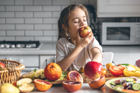 Funny little girl eating apples in the kitchen, health and nutrition concept.の写真素材