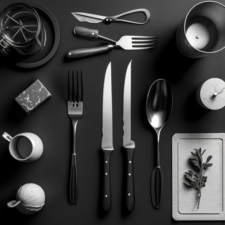 Cutlery and kitchen utensils on a black background, generative AI.の写真素材