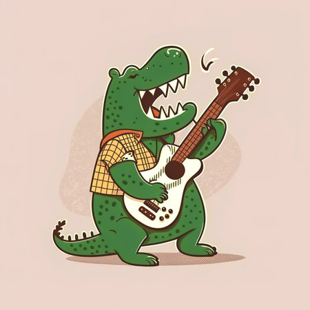 Green crocodile plays electric guitar, generative AI.の写真素材