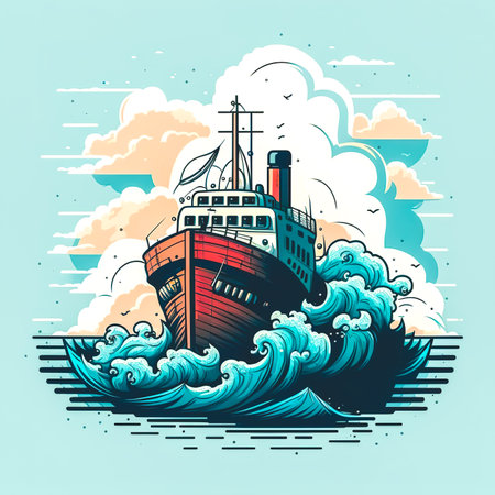 A ship at sea on a big wave, generative AI.の写真素材