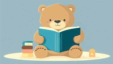 Cute teddy bear reading a book, generative AI.の写真素材