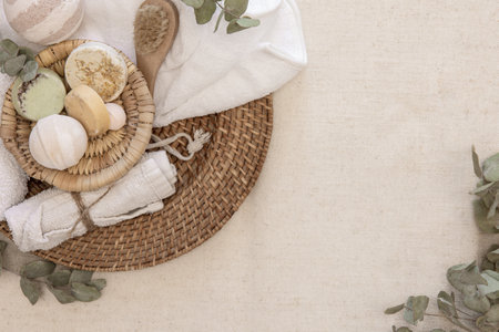 Spa composition with personal care items, top view.の写真素材