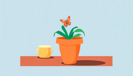 House plant pot and butterfly, generative AI.の写真素材