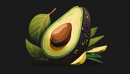 Cut avocado fruit close-up on a dark background, generative AI.