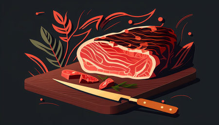 Juicy piece of meat on a wooden board, generative AI.の写真素材