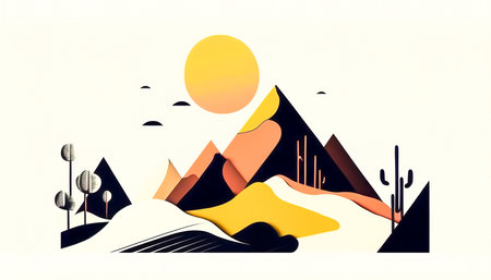 Cartoon background with mountains and sun, generative AI.の写真素材