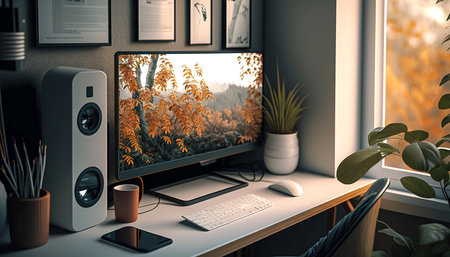 A computer with a beautiful landscape on the splash screen, generative AI.の写真素材