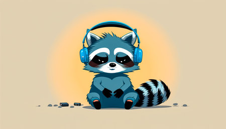 Raccoon in headphones listening to music, generative AI.の写真素材