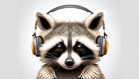 Raccoon in headphones listening to music, generative AI.の写真素材
