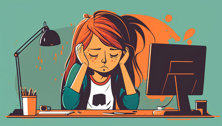 Tired girl in front of a computer screen, generative AI.の写真素材