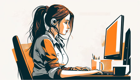 Tired girl in front of a computer screen, generative AI.の写真素材